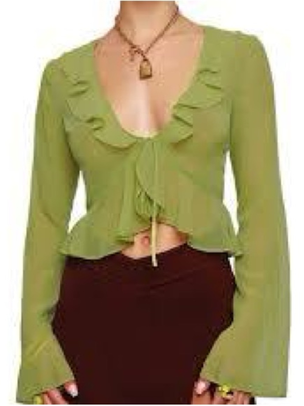 ♥️2 for $20♥️- Bohemian Style Light Green Sheer Ruffle Tie-Front Women's Top